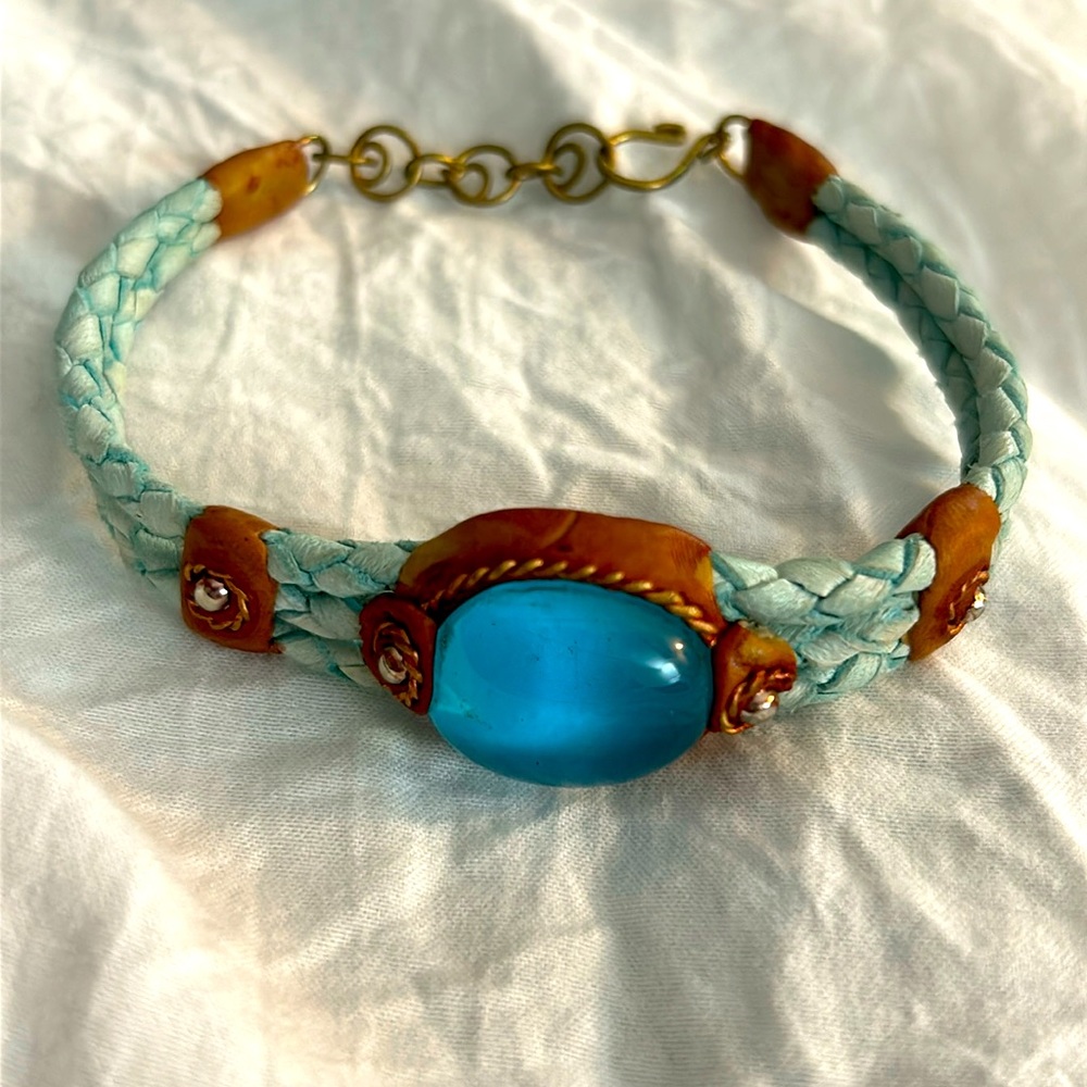 Vintage Peruvian Glass Stone Leather Bracelet